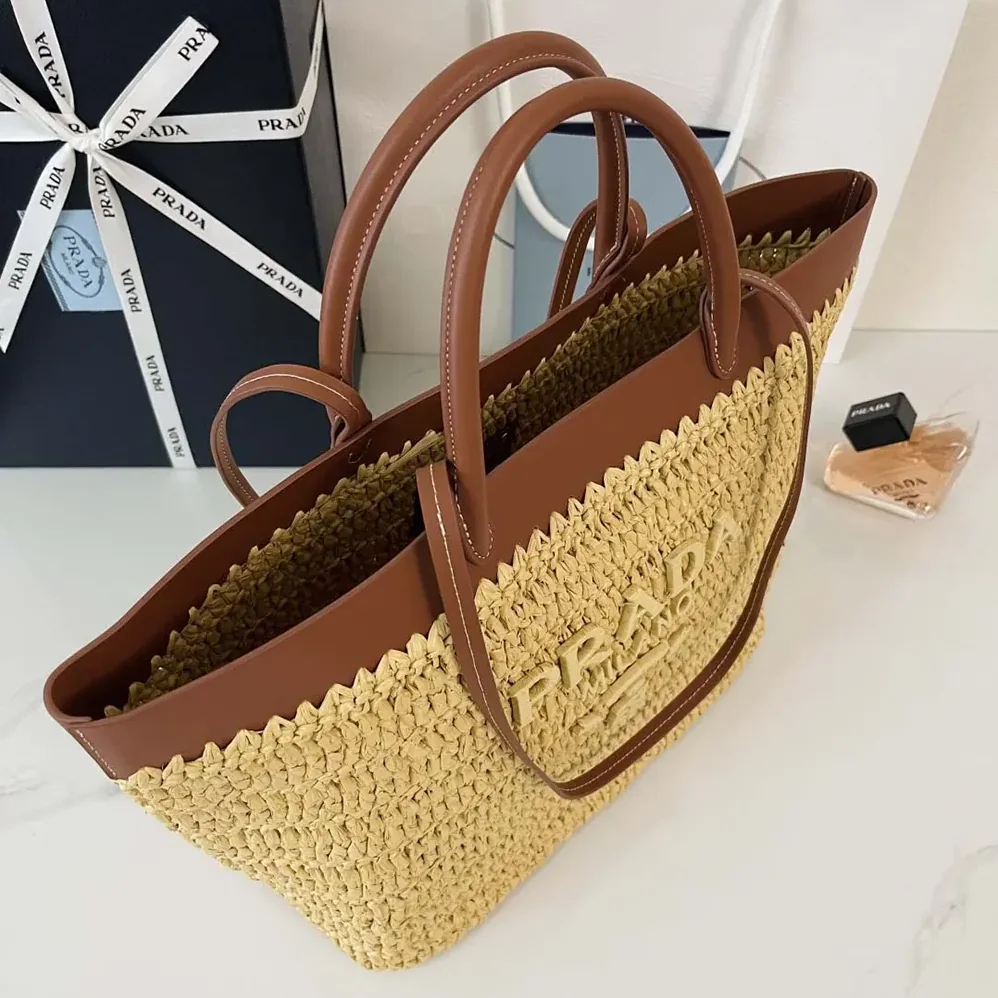 Prada Medium Crochet and Leather Tote Bag for Women in Brown Prada Medium Crochet and Leather Tote Bag for Women in Brown