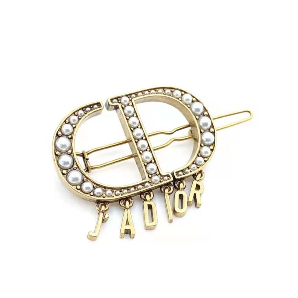 Dior 30 Montaigne Barrette Antique Gold-Finish Metal and White Resin Pearls for Women