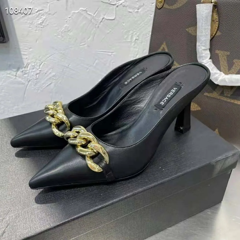 Versace Medusa Chain Nappa Leather Mules for Women in Black Versace Medusa Chain Nappa Leather Mules for Women in Black
