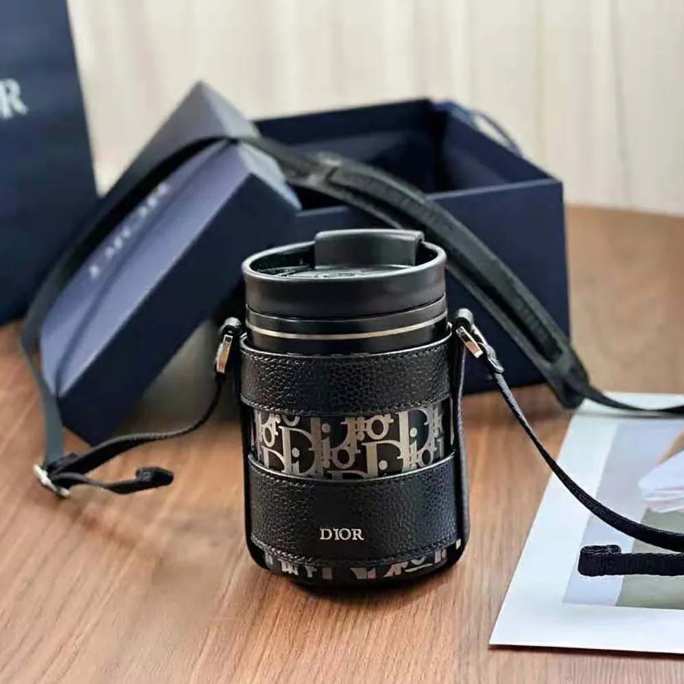 Dior Aqua Mug with Shoulder Strap Black Grained Calfskin and Dior Oblique Stainless Steel for Unisex