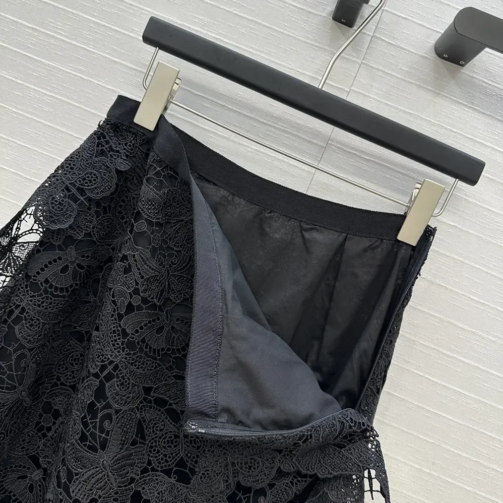 Dior Mid-Length Skirt Black Cotton-Blend Lace with Allover Butterfly Motif for Women