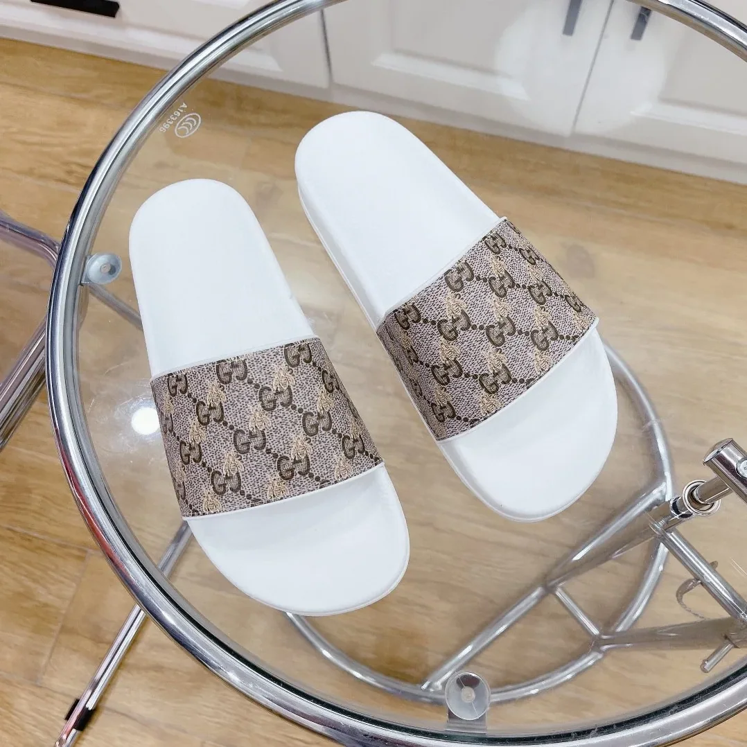 Gucci GG Slide Sandal With Bees White And Brown for Women Gucci GG Slide Sandal With Bees White And Brown for Women