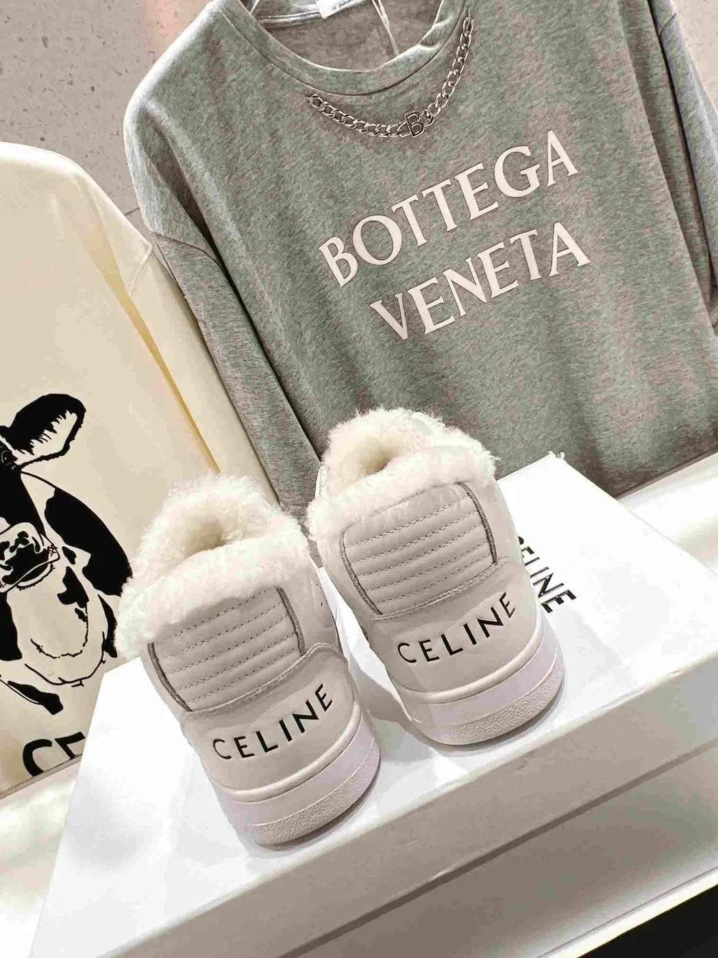Celine Block Sneakers With Wedge Outsole With Fur White Celine Block Sneakers With Wedge Outsole With Fur White