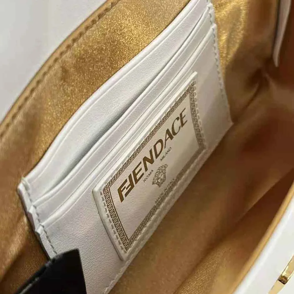 Fendi Brooch Mini Baguette Fendace White Leather Bag for Women Fendi Brooch Mini Baguette Fendace White Leather Bag for Women