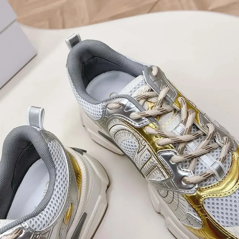 Dior Chrono Sneaker Beige Mesh with Gold-Tone and Silver-Tone Laminated Leather for Women in Effect Panels