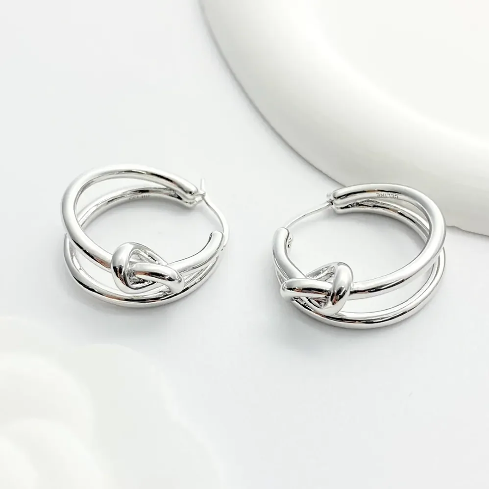 Celine Knot Double Hoops in Brass with Rhodium Finish for Women