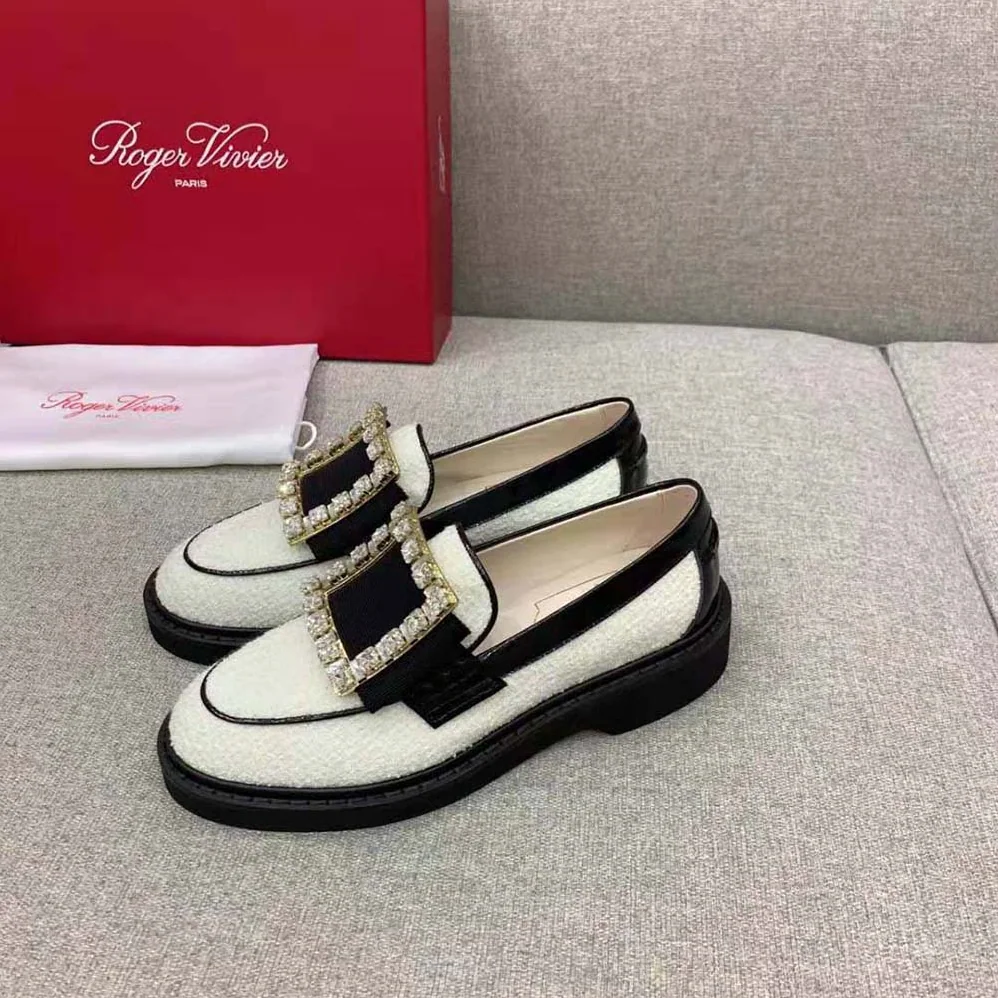 Roger Vivier Viv' Rangers Strass Buckle Loafers in Fabric for Women Roger Vivier Viv' Rangers Strass Buckle Loafers in Fabric for Women