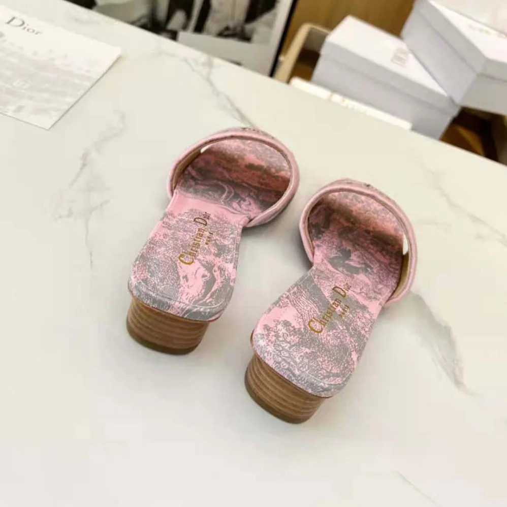 Dior Dway heeled Slide Gray and Pink Embroidered Cotton with Toile de Jouy Reverse Motif for Women