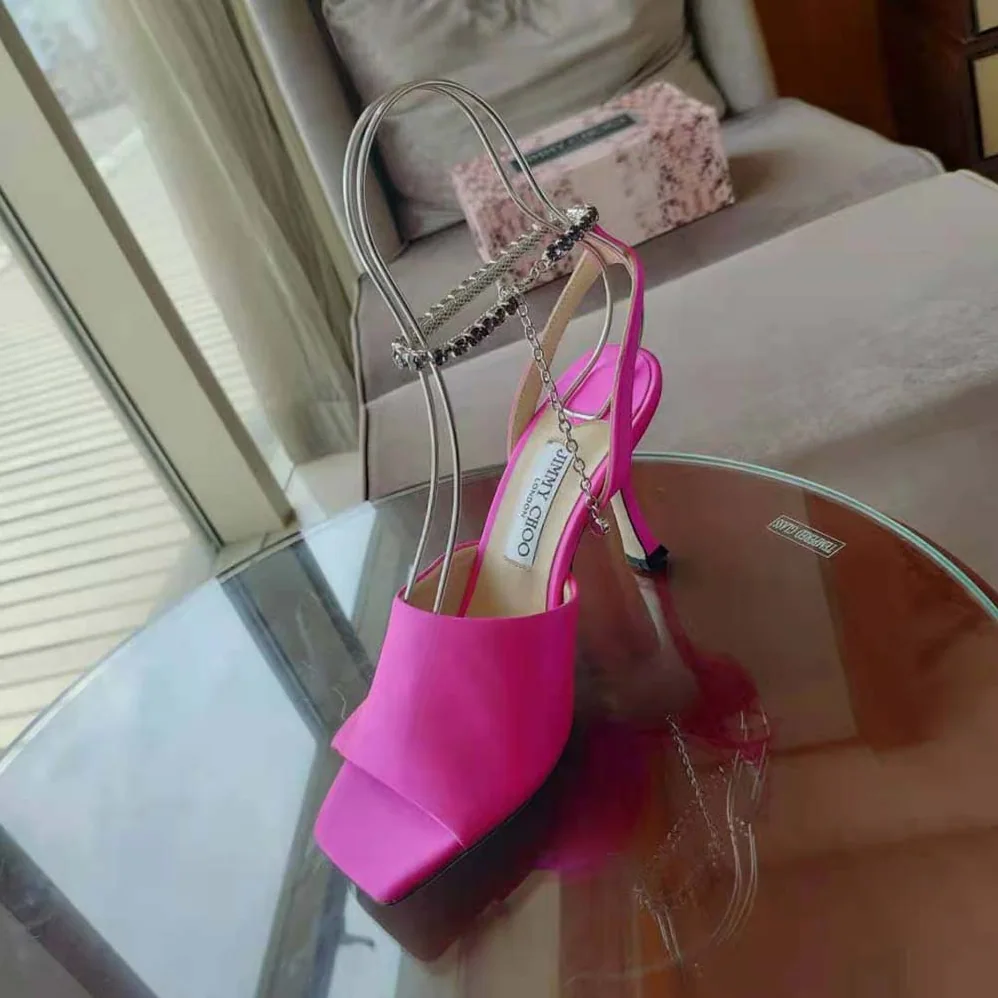 Jimmy Choo Sae 90 Fuchsia Satin Sandals with Crystal Chain Embellishment for Women Jimmy Choo Sae 90 Fuchsia Satin Sandals with Crystal Chain Embellishment for Women