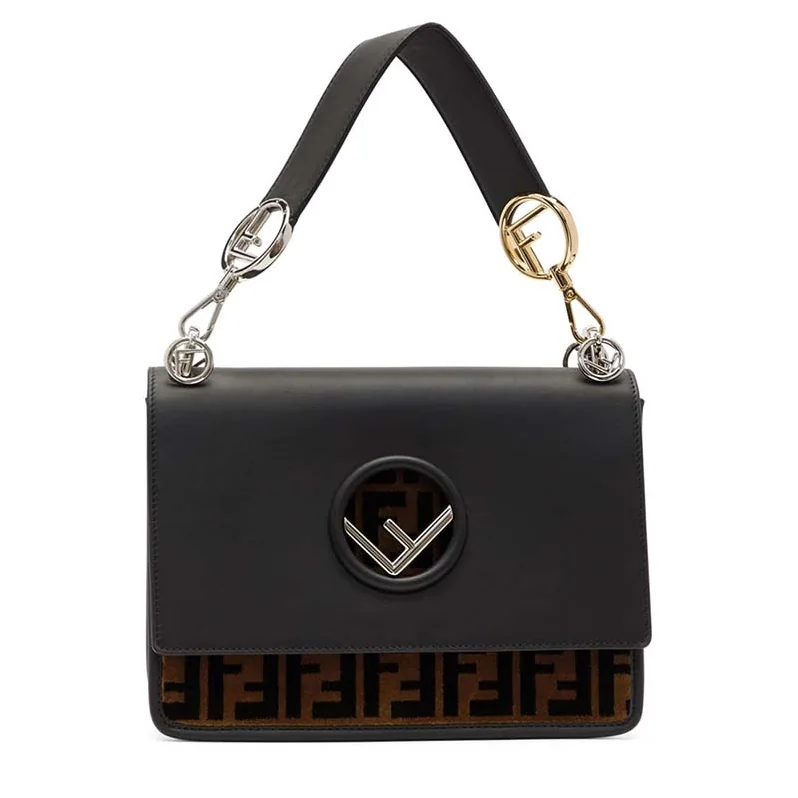 Fendi KAN I F Top Flap Strap Bag with Logo Stitch in Black