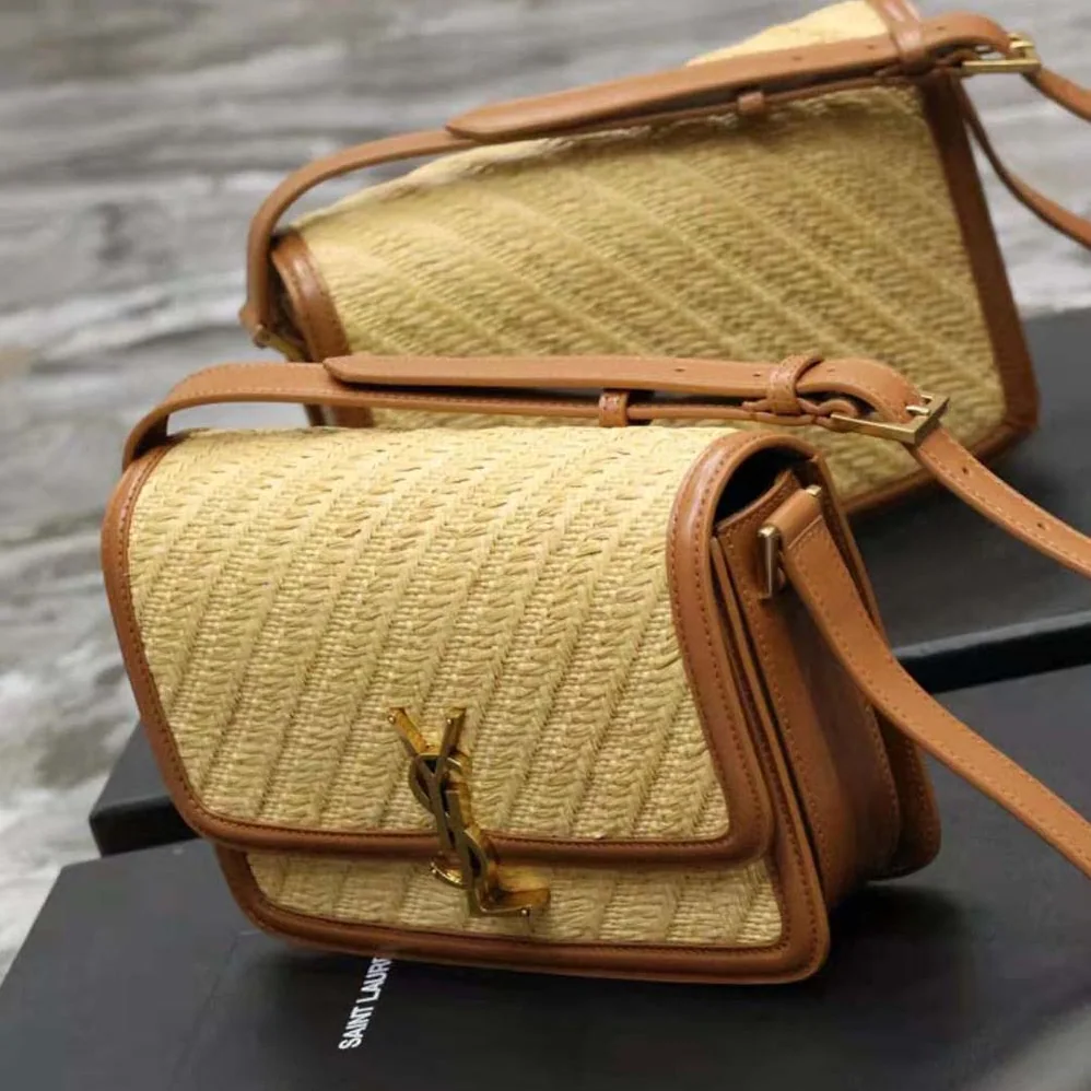 Saint Laurent YSL Solferino Medium Satchel in Raffia and Vegetable for Women in Tanned Leather Saint Laurent YSL Solferino Medium Satchel in Raffia and Vegetable for Women in Tanned Leather