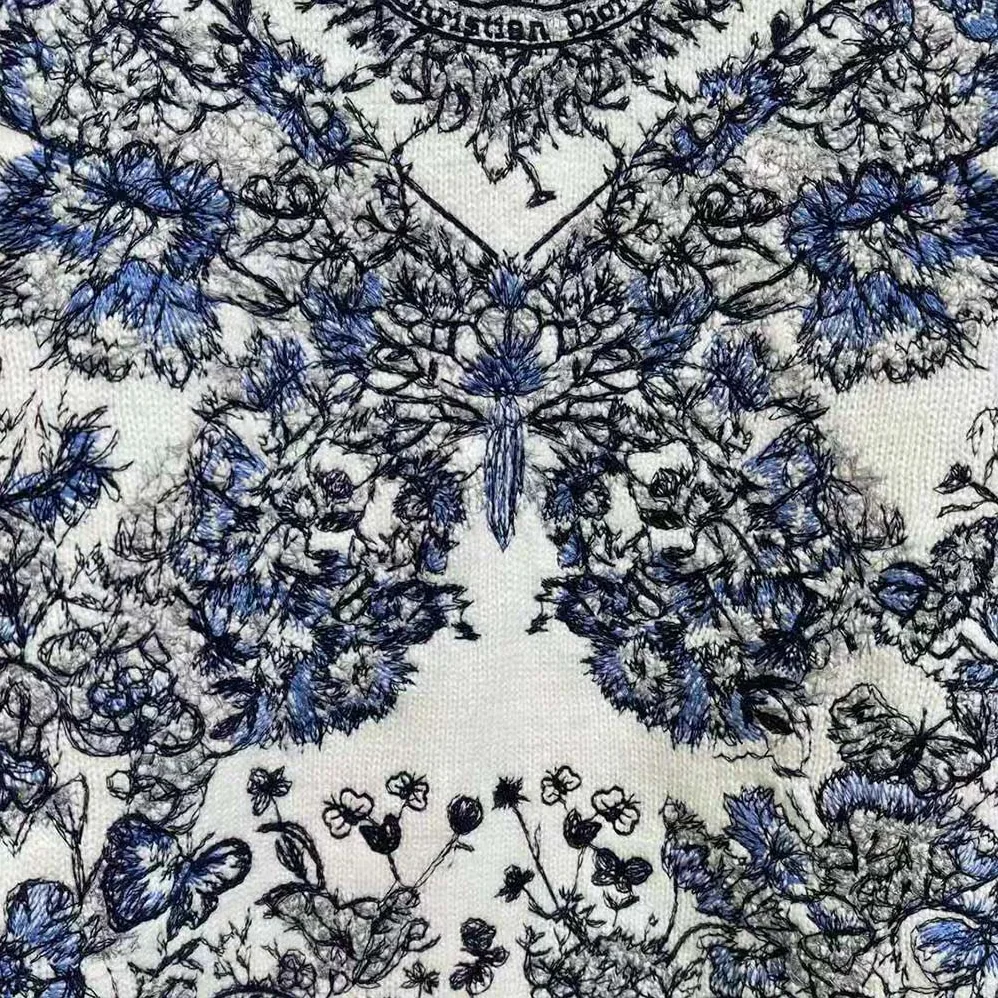 Dior Embroidered Sweater Ecru Cashmere Knit with Pastel Midnight Blue Butterfly Around The World Motif for Women