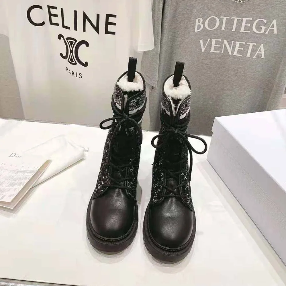 Dior D-Major Ankle Boot Black Calfskin with Black and White Cannage Tweed for Women Dior D-Major Ankle Boot Black Calfskin with Black and White Cannage Tweed for Women