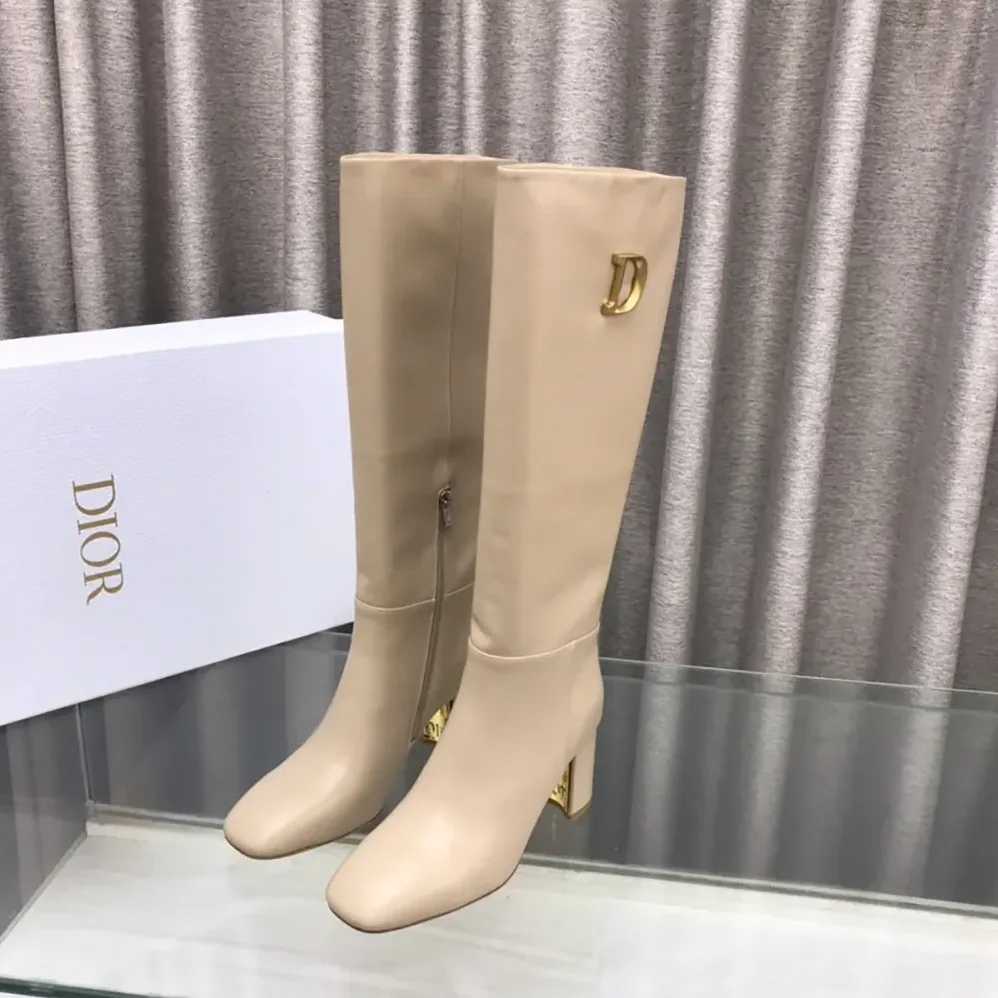 Dior Logo Knee-High Boot In Light Beige Calfskin with Gold for Women in Tone Accents Dior Logo Knee-High Boot In Light Beige Calfskin with Gold for Women in Tone Accents