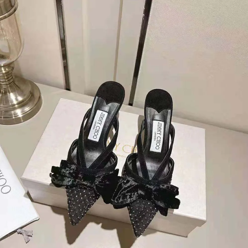 Jimmy Choo Flaca Mule 50 Black Crystal Mesh Mules with Bows for Women Jimmy Choo Flaca Mule 50 Black Crystal Mesh Mules with Bows for Women