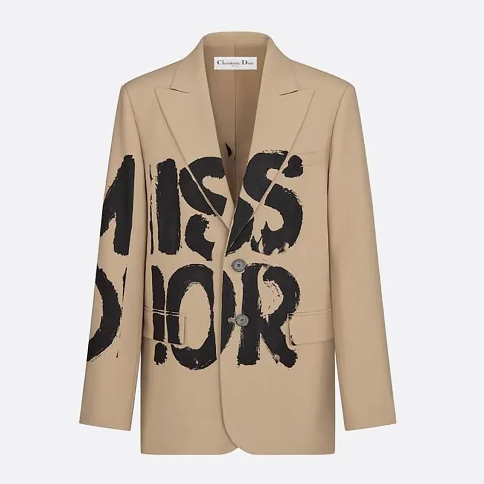 Dior Blazer Beige Virgin Wool and Mohair with Black Miss Dior Graffiti Motif for Women Dior Blazer Beige Virgin Wool and Mohair with Black Miss Dior Graffiti Motif for Women