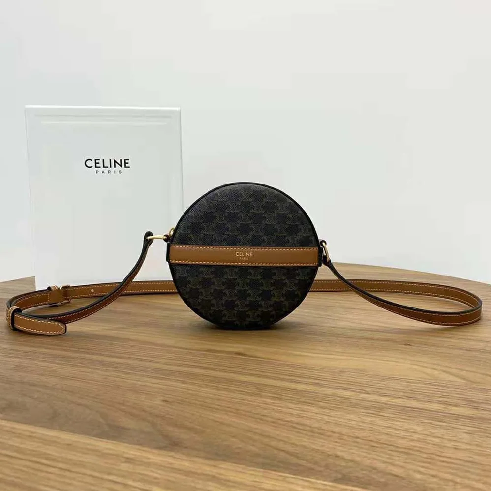 Celine Round Purse on Strap in Triomphe Canvas and Lambskin for Women