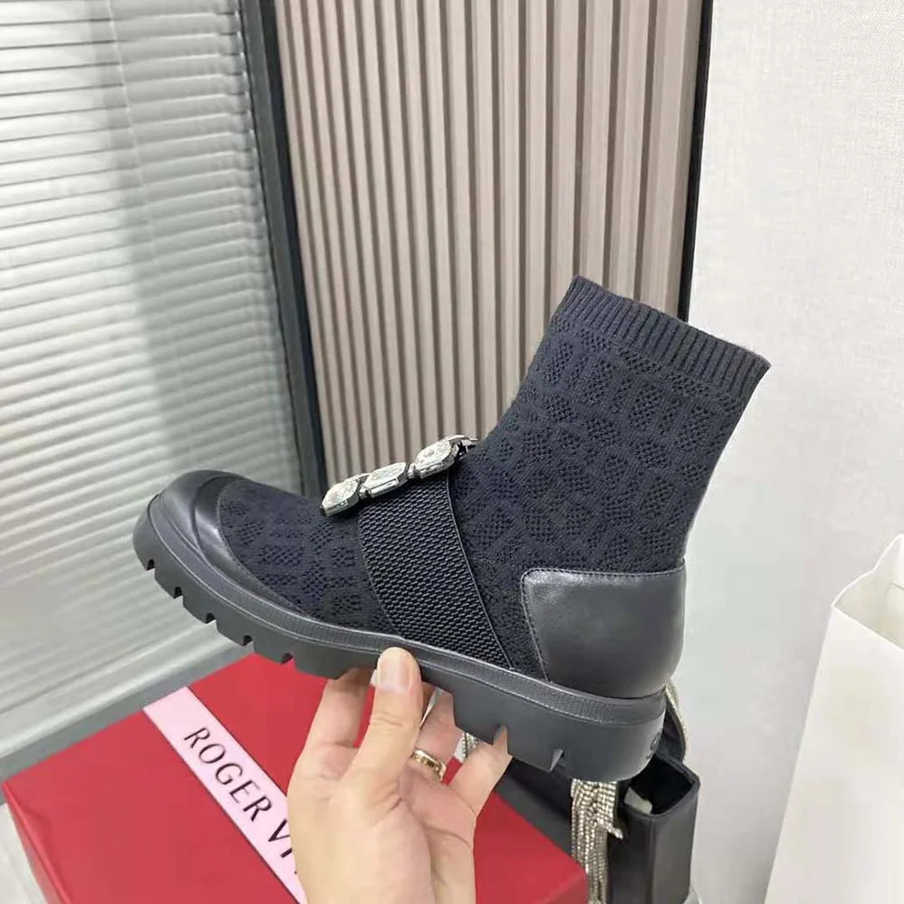 Roger Vivier Walky Viv' Rhinestone Buckle Socks Ankle Boots in Fabric for Women in Black Roger Vivier Walky Viv' Rhinestone Buckle Socks Ankle Boots in Fabric for Women in Black