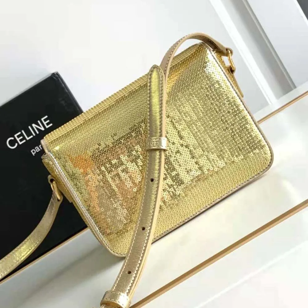 Celine Teen Triomphe Bag in Sequins and Calfskin for Women in Gold