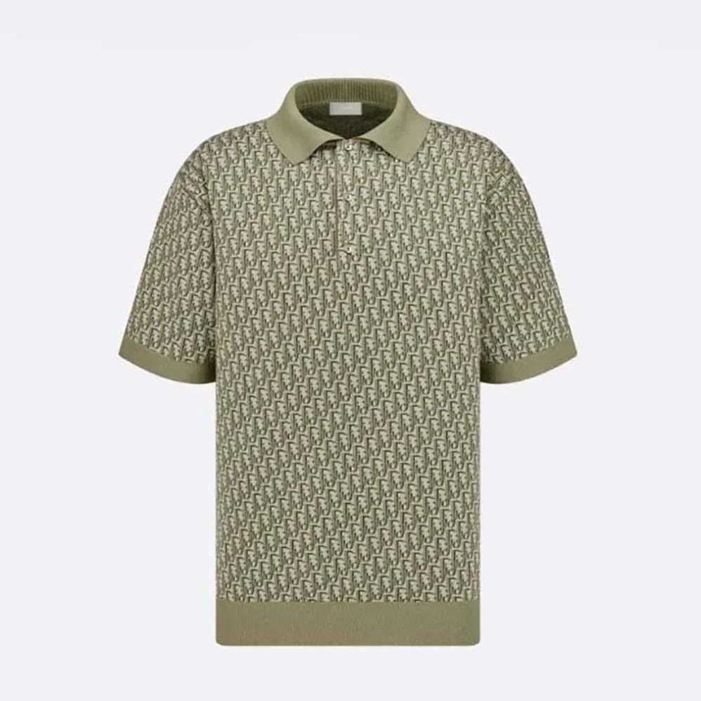 Dior Oblique Polo Shirt Khaki Cotton Jacquard for Men