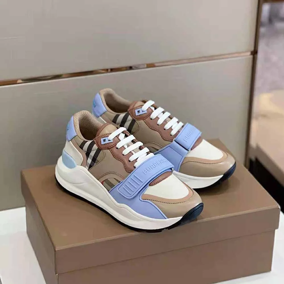 Burberry Check Cotton Canvas and Leather Sneakers for Women in Blue Burberry Check Cotton Canvas and Leather Sneakers for Women in Blue