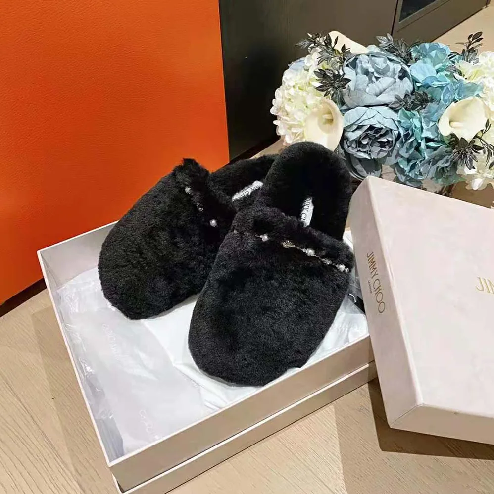 Jimmy Choo Aliette Flat Natural Shearling Slippers for Women in Black
