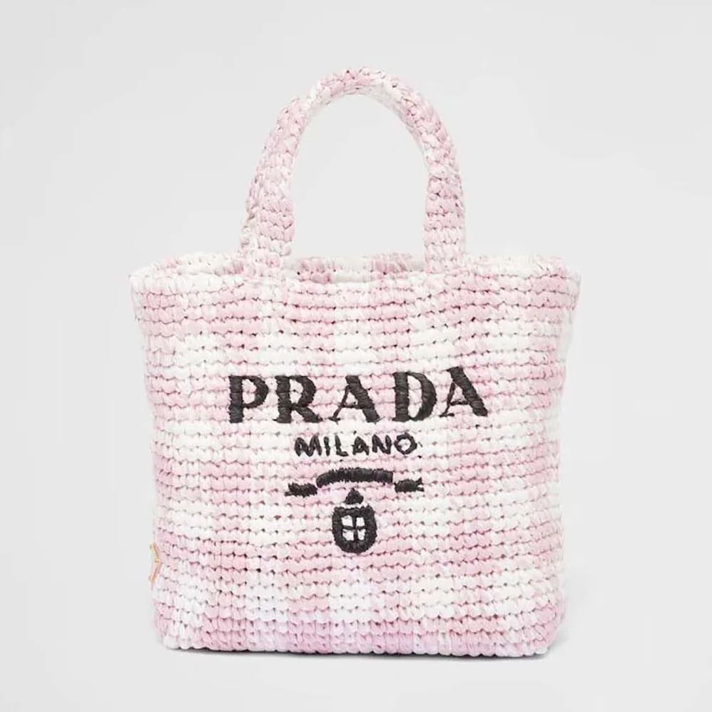 Prada Small Crochet Tote Bag with Embroidered Lettering Logo for Women in Pink Prada Small Crochet Tote Bag with Embroidered Lettering Logo for Women in Pink