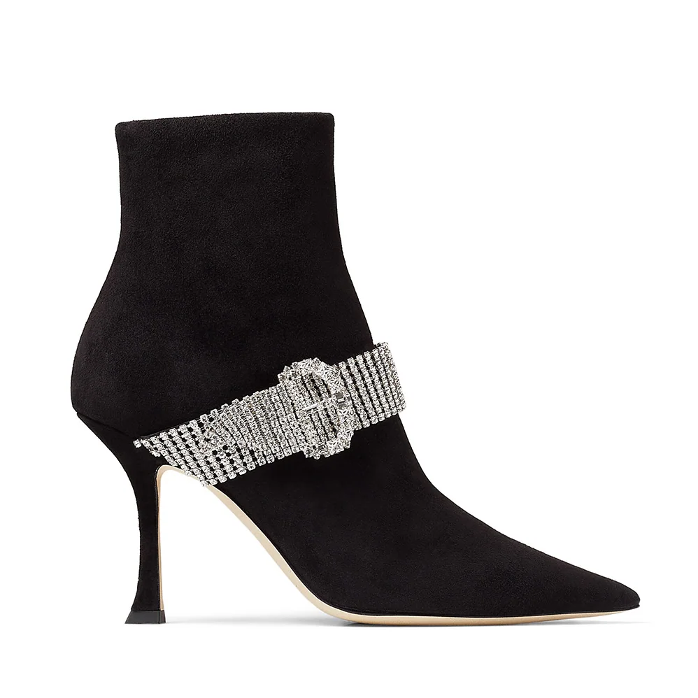 Jimmy Choo Kaza 90 Black Suede Shoe Booties with Crystal for Women in Embellished Strap