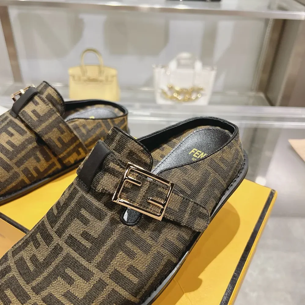 Fendi Feel Brown Fabric Sabots for Unisex