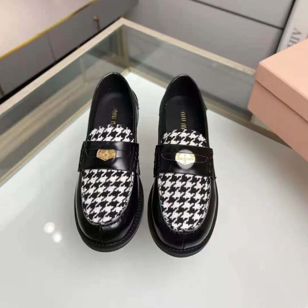 Miu Miu Brushed Leather and Gingham Check Fabric Loafers for Women