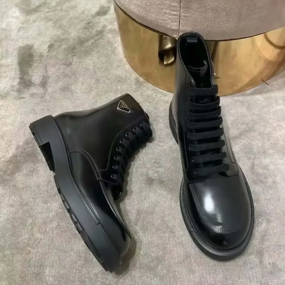 Prada Brushed Leather Combat Boots for Unisex in Black