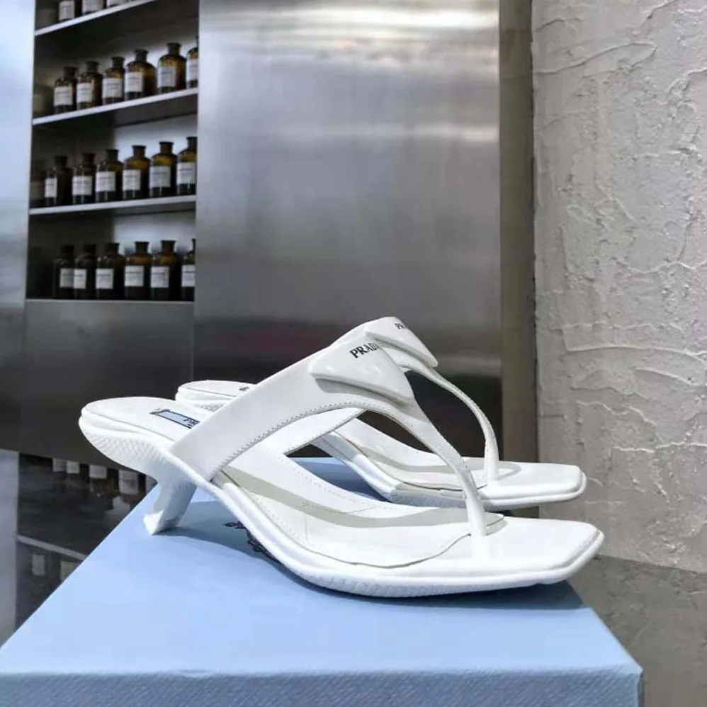Prada Brushed Leather High-heeled Thong Sandals for Women in White