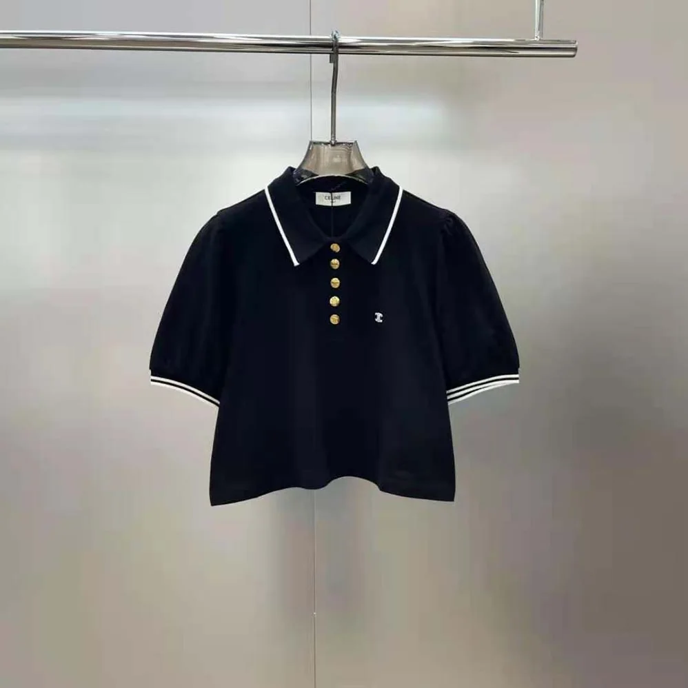 Celine Cropped Triomphe Polo Shirt in Cotton Piqué for Women Celine Cropped Triomphe Polo Shirt in Cotton Piqué for Women