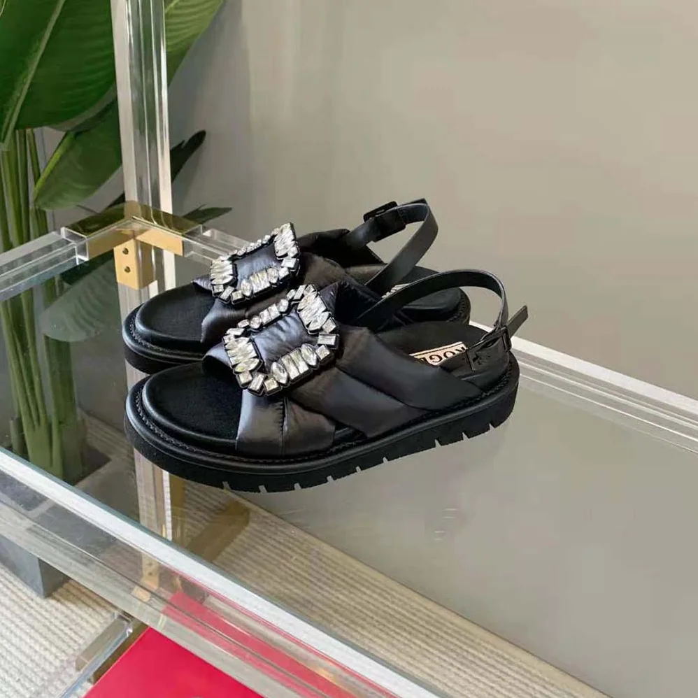 Roger Vivier Viv Winter Puffy Strass Buckle Sandals in Fabric for Women in Black Roger Vivier Viv Winter Puffy Strass Buckle Sandals in Fabric for Women in Black