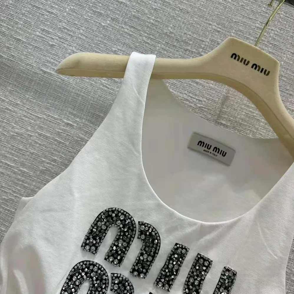 Miu Miu Embroidered Jersey Top with Embroidered Logo for Women Miu Miu Embroidered Jersey Top with Embroidered Logo for Women