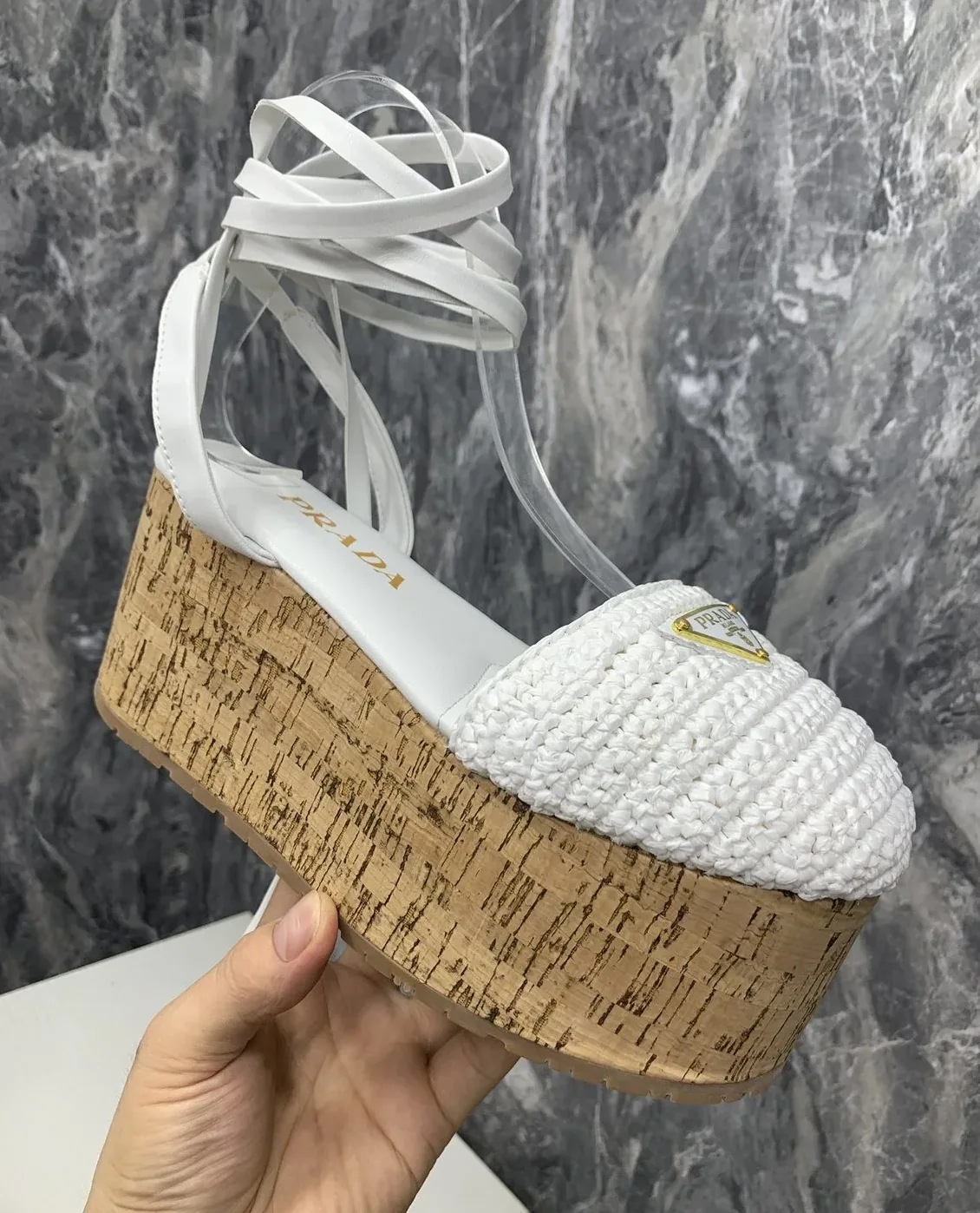 Prada Crochet Wedge Sandals White Prada Crochet Wedge Sandals White