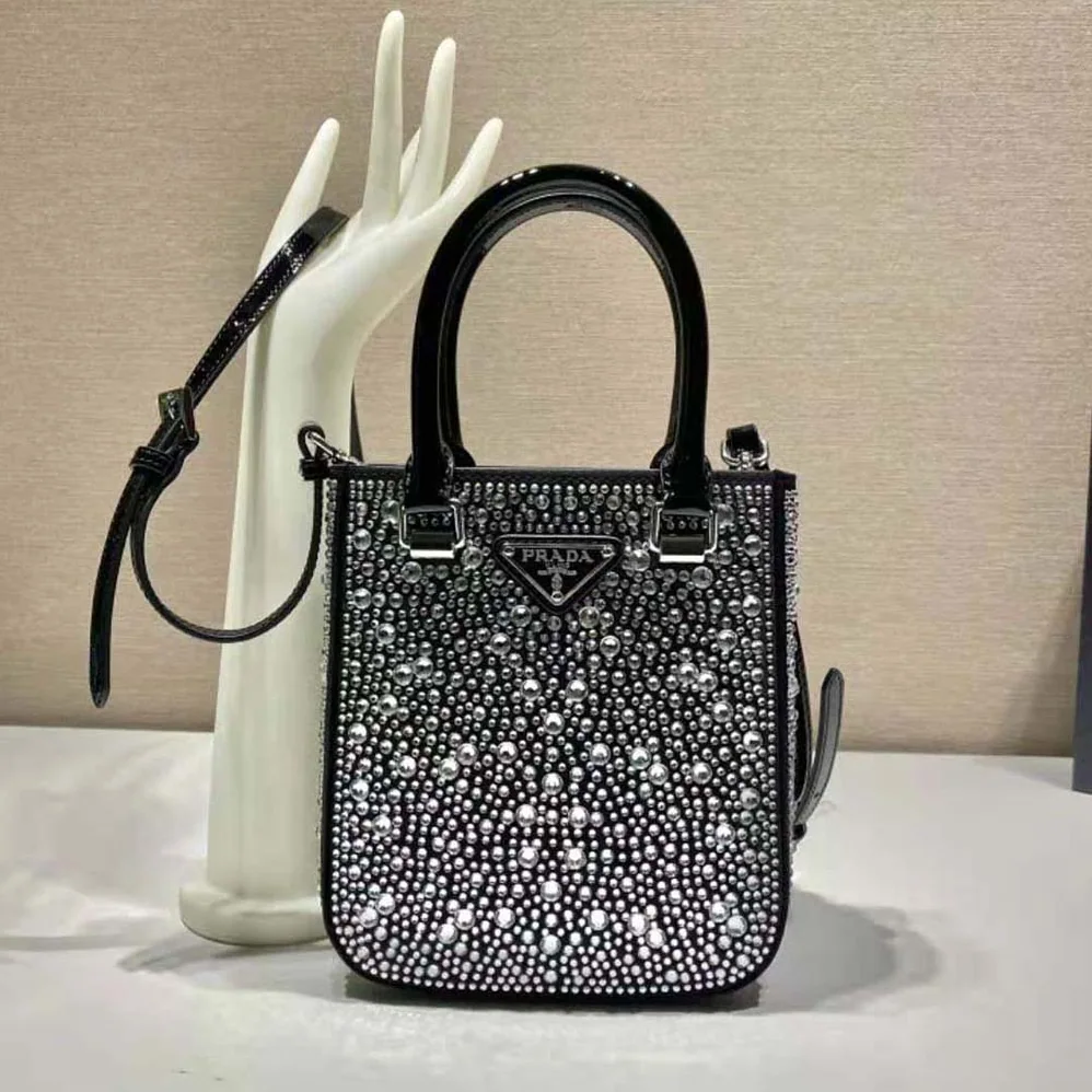 Prada Small Crystal-Studded Satin Tote Bag for Women in Black