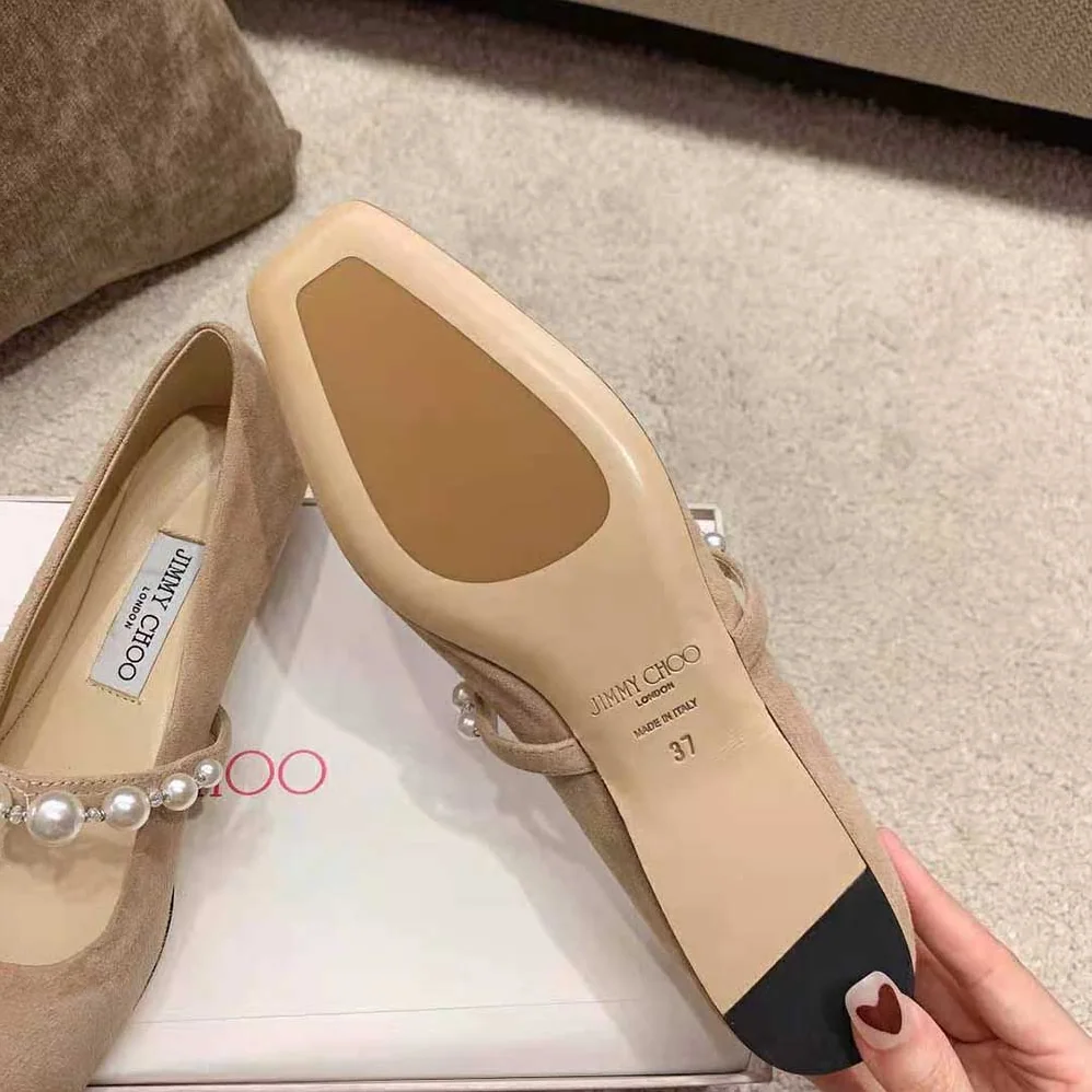 Jimmy Choo ADE Flat Ballet Pink Suede Flats with Pearl Embellishment for Women
