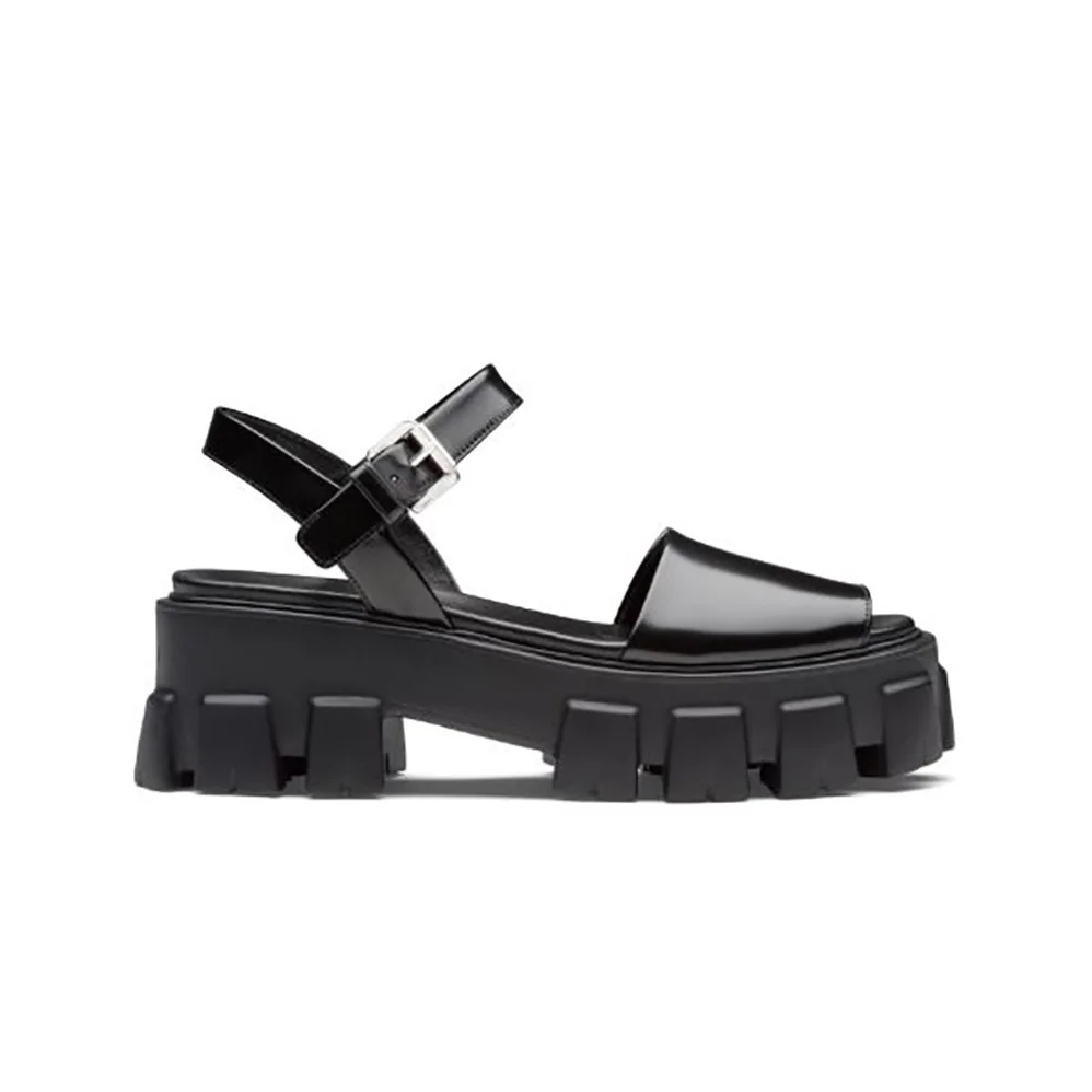 Prada Monolith Brushed Leather Sandals in 55mm Heel for Women in Black