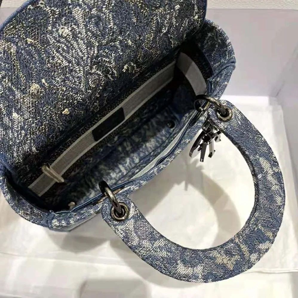 Dior Medium Lady D-Lite Bag Blue Dior Brocart Denim for Women in Effect Embroidery