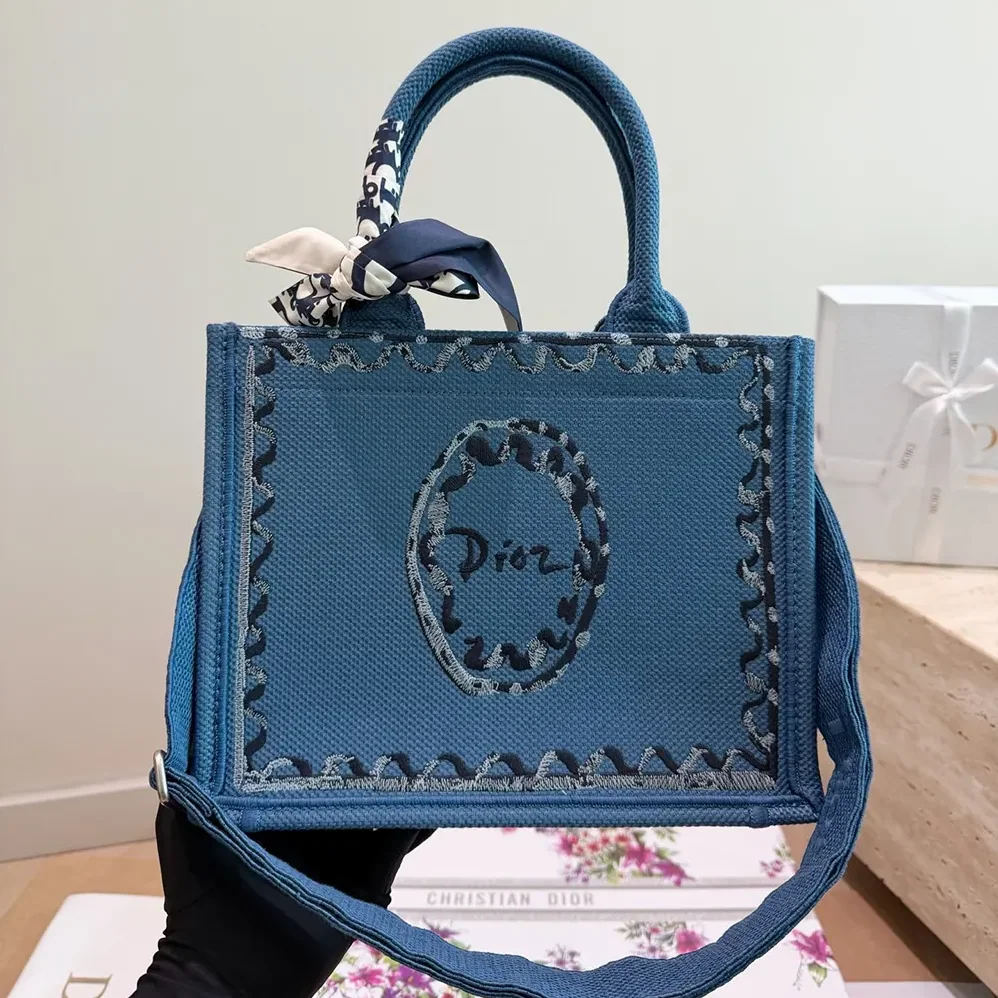 Dior Dioriviera Medium Dior Book Tote with Strap Blue-Greige Dior Painted Ribbon Embroidery for Women Dior Dioriviera Medium Dior Book Tote with Strap Blue-Greige Dior Painted Ribbon Embroidery for Women