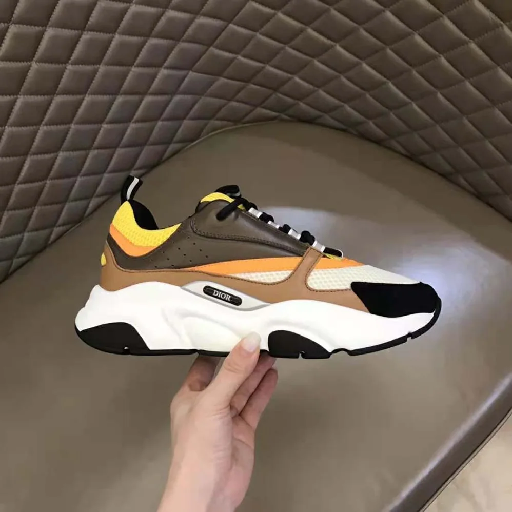 Dior B22 Sneaker Yellow and White Technical Mesh with Ebony and Camel Smooth Calfskin for Men