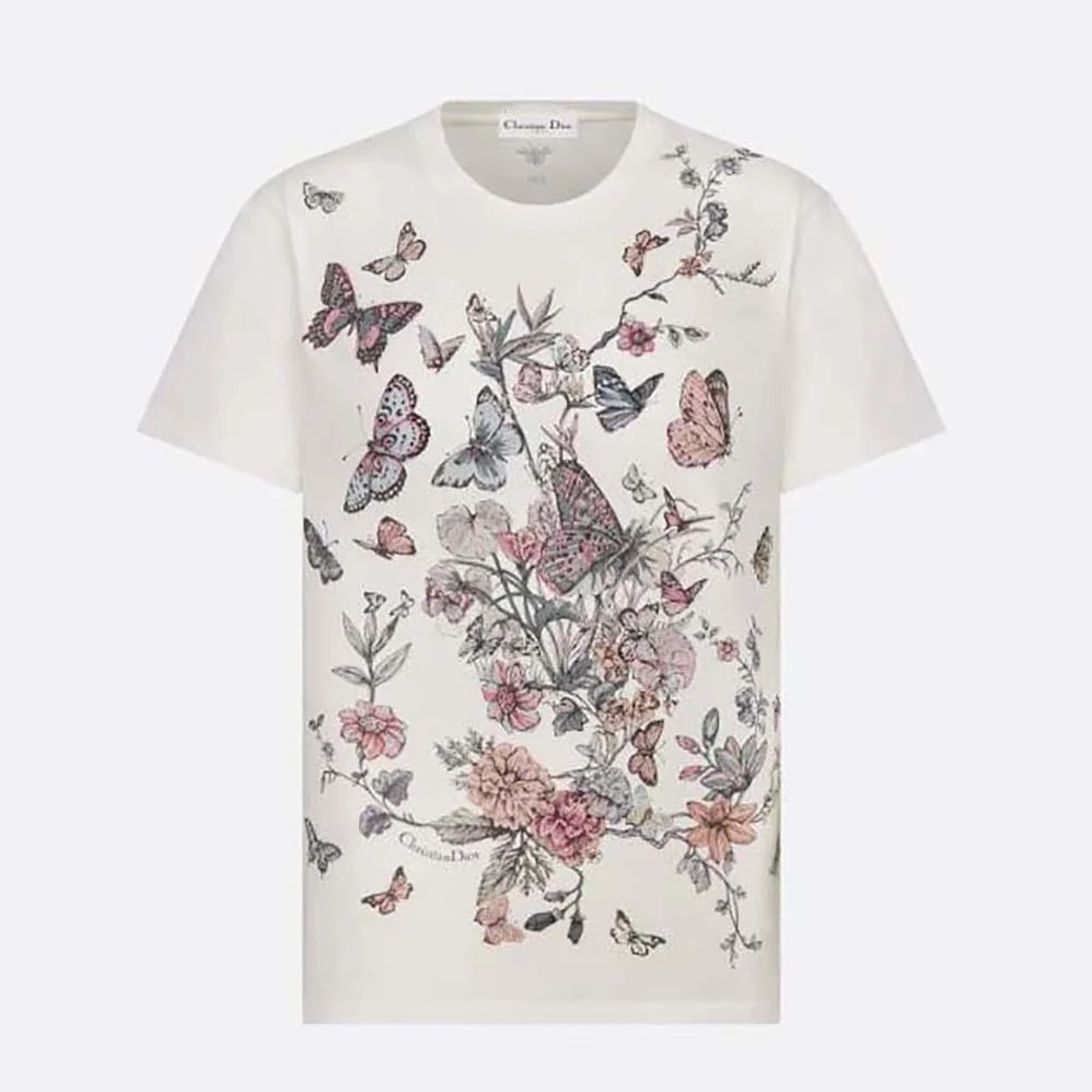 Dior T-Shirt White Cotton Jersey with Pastel Pink Toile de Jouy Mexico Motif for Women Dior T-Shirt White Cotton Jersey with Pastel Pink Toile de Jouy Mexico Motif for Women