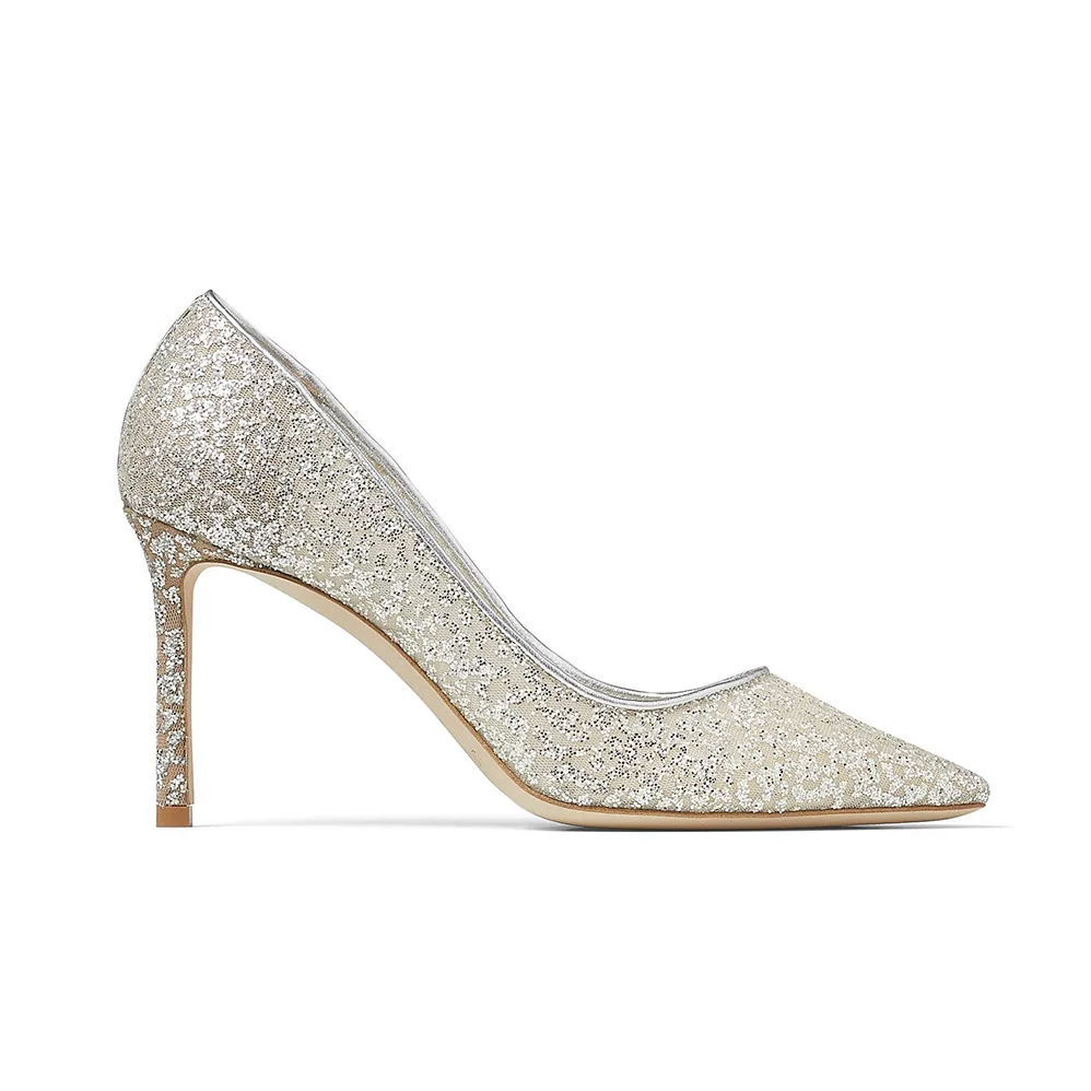 Jimmy Choo Romy 85 Silver Glitter Tulle and Metallic Nappa Pointy for Women in Toe Pumps