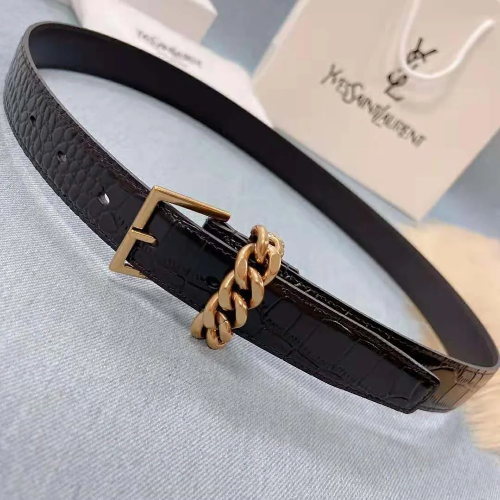Saint Laurent YSL Chain-loop Narrow Belt with Square Buckle in Lacquered Python for Women