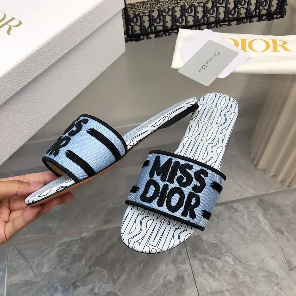 Dior Dway Slide Embroidered Cotton and Pale Blue Miss Dior Allover Motif for Women