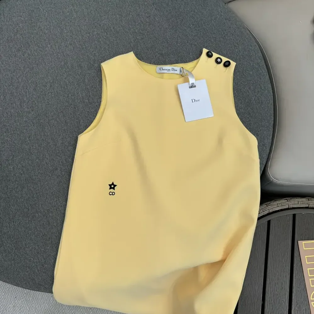 Dior Dioriviera Straight Dress Lemon Yellow Wool and Silk for Women Dior Dioriviera Straight Dress Lemon Yellow Wool and Silk for Women