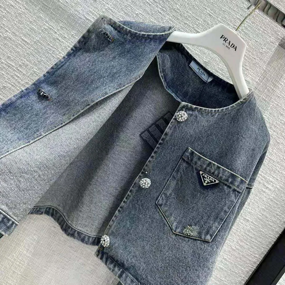 Prada Denim Blouson Jacket with Triangle Logo for Women Prada Denim Blouson Jacket with Triangle Logo for Women