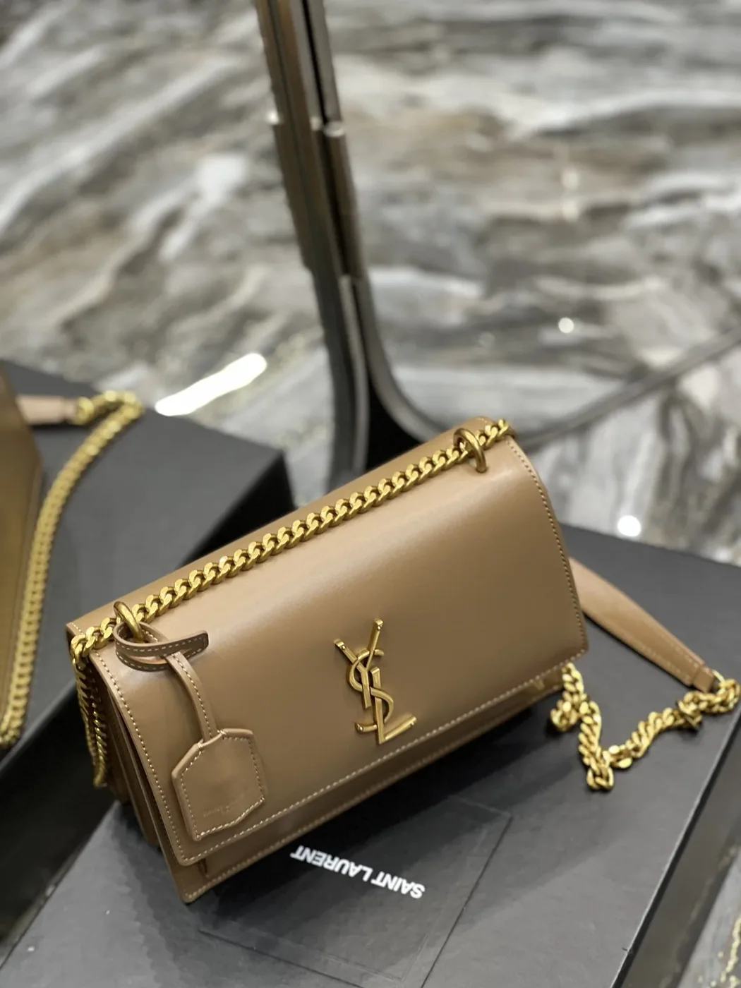Saint Laurent Sunset Chain Medium Crossbody Bag in Dark Beige Gold Hardware
