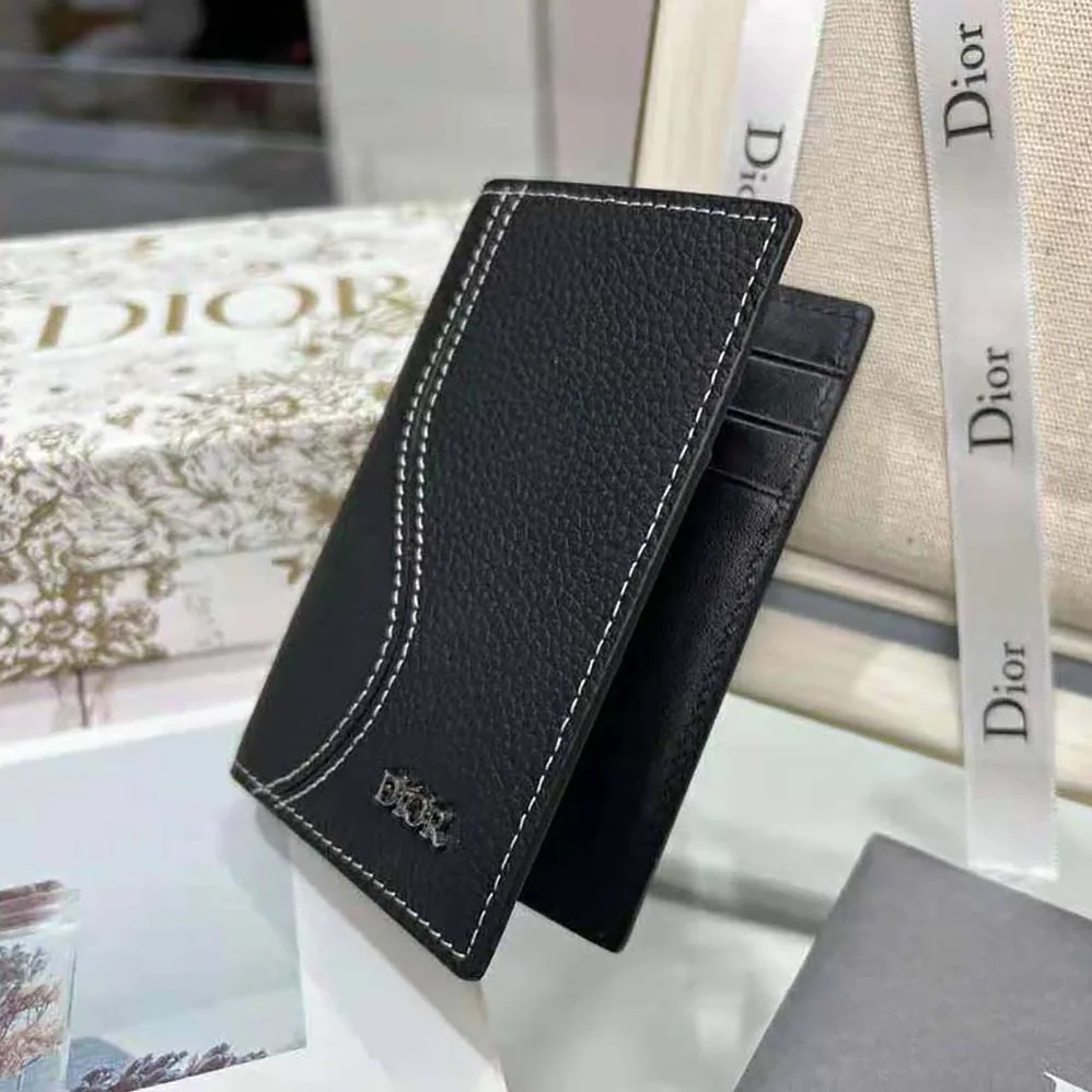 Dior Saddle Bi-fold Card Holder Black Grained Calfskin Leather Marquetry for Men Dior Saddle Bi-fold Card Holder Black Grained Calfskin Leather Marquetry for Men